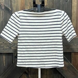 Marled Essentials Womens Navy White Striped Boat Neck Elbow Sleeve Crop Top S